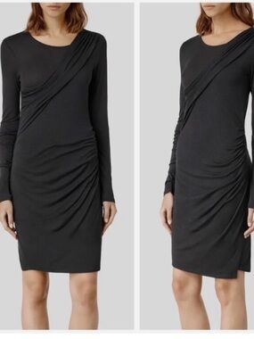 AllSaints Black Long-Sleeve Ruched Sheath Dress